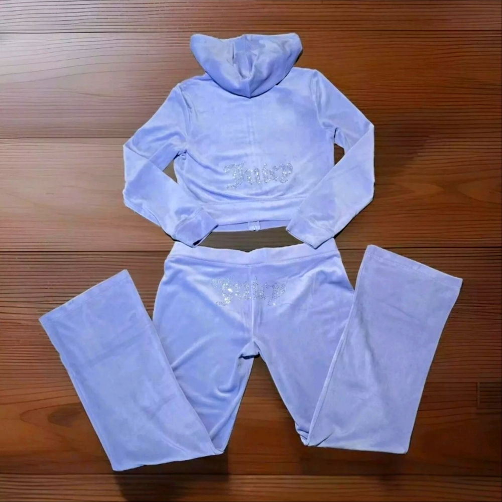 Juicy Couture Bling Tracksuit Set Hoodie & Pants Blue Lavendar Haze Size Large